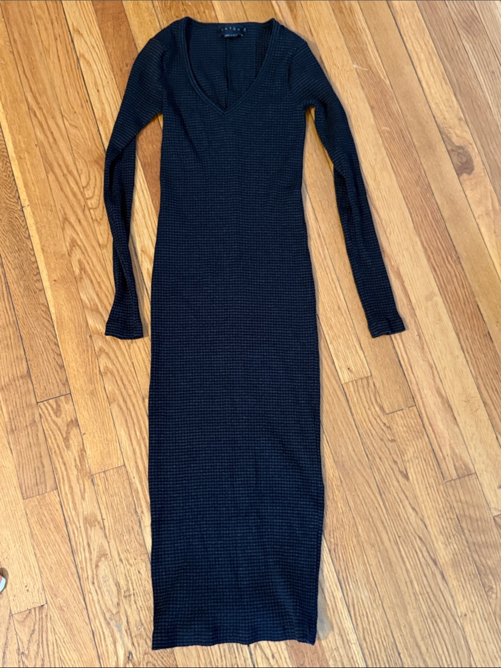 Hatch Black gray stripe ribbed Long-Sleeve V-Neck midi tea maternity Dress 0